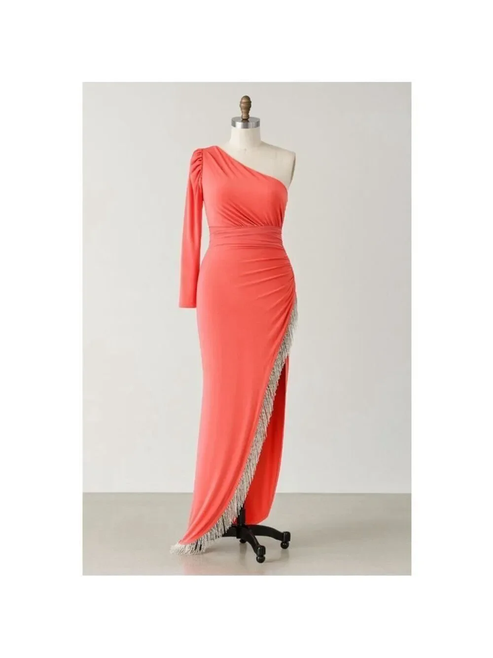 MAC DUGGAL Coral One Shoulder Dress with Fringe - Size 14W